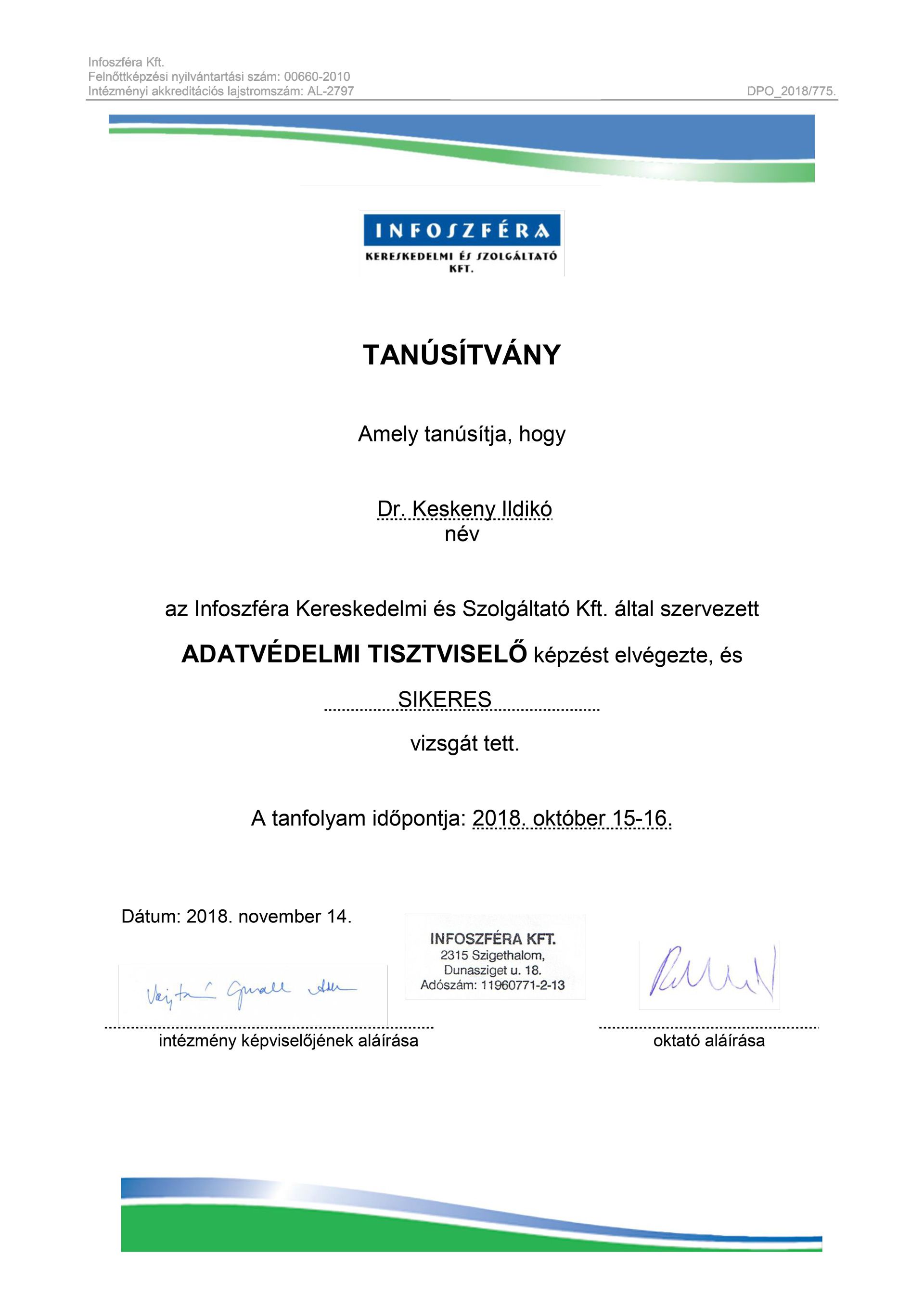 Adatvédelmi Tisztviselő Tanúsítvány